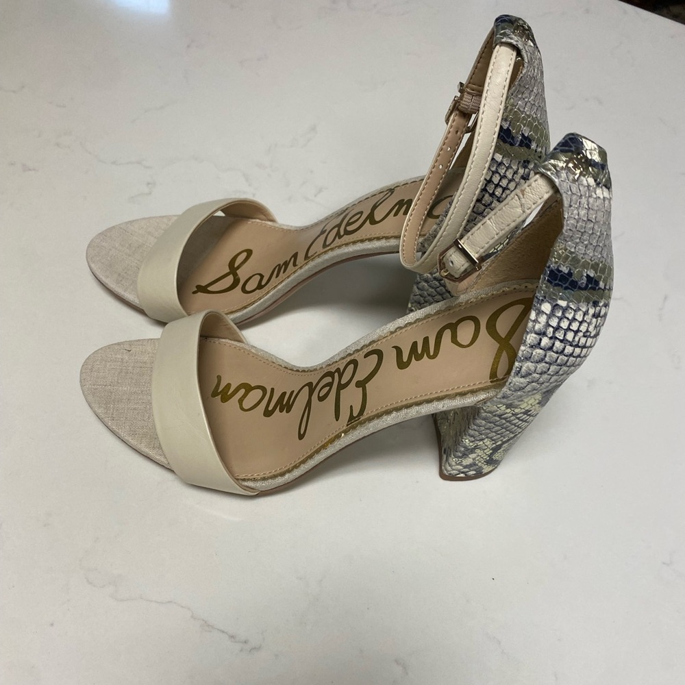 Sam Edelman YARO Cream and Gray Strappy Heels - Picture 2 of 16